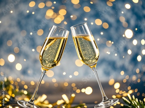 Obraz na płótnie Champagne Toast Celebration - Happy New Year With Golden Glitter On Blue Abstract Background And Defocused Bokeh Lights w salonie