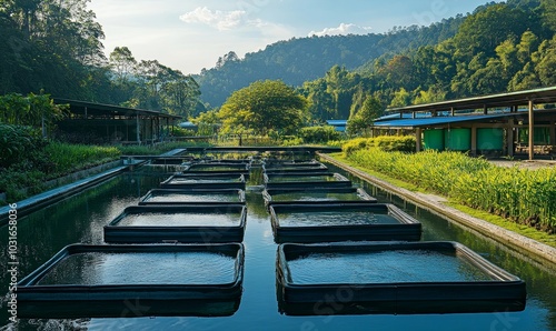 Aquaculture Farm modern aquaculture farm with rows of fish tanks or ponds, surrounded by lush greenery, highlighting sustainable fish farming, Generative AI