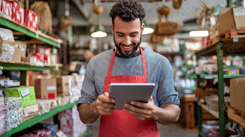 Smiling shopkeeper wearing red apron using tablet in store aisle. Shelves stocked with diverse products in background. Entrepreneurship concept. small business SME independent concept.