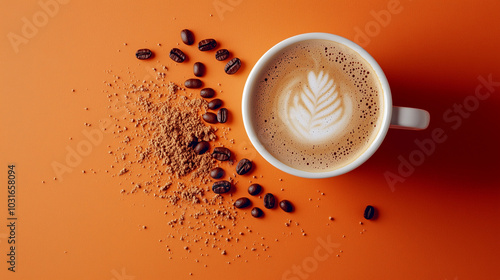 Cup of latte with foam art and coffee beans on an orange background. Flat lay composition with coffee grounds. photo