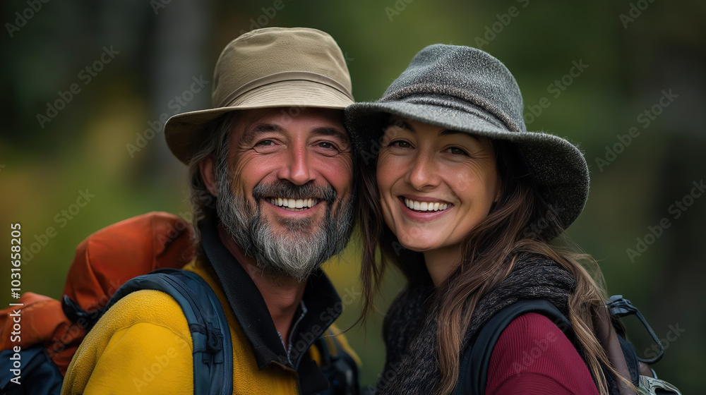 A middle-aged couple smiling and wearing outdoor gear, ready for an adventure in the wilderness A middle-aged couple smiling and wearing outdoor gear, ready for an adventure in the wilderness