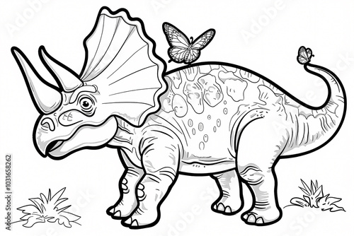 A playful illustration of a triceratops with butterflies perched on its back, showcasing a whimsical and friendly scene.