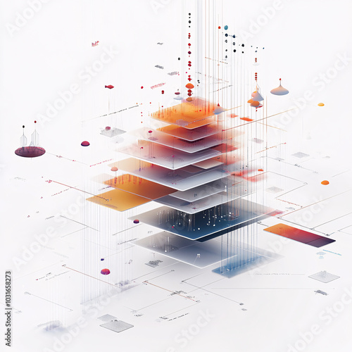 abstract white background with layered geometric shapes and connected lines in orange blue and red  for technology or data visualization