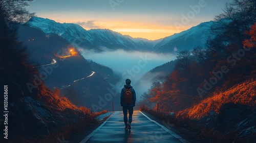 At night, a lonely man is walking on the road with his hands in his pockets in a nature background