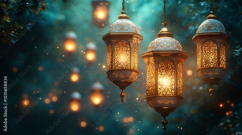 Luxurious Arabian background showcasing ornate white gold lanterns glowing softly against a deep green backdrop The right side is perfect for Ramadan messages or custom text Luxurious Arabian background showcasing ornate white gold lanterns glowing softly against a deep green backdrop The right side is perfect for Ramadan messages or custom text