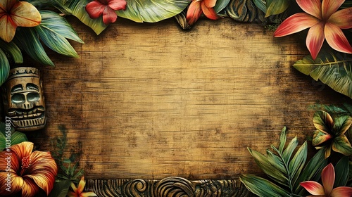 Vibrant Tropical Luau Backdrop with Exotic Floral Elements and Tiki Totem Decor
