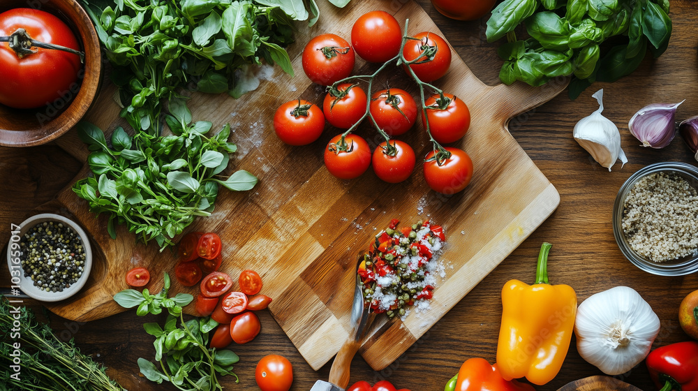 The image shows fresh herbs, ripe tomatoes, garlic, bell pepper, and other ingredients arranged on a wooden board, ready for cooking. It’s a colorful and appetizing ingredient composition The image shows fresh herbs, ripe tomatoes, garlic, bell pepper, and other ingredients arranged on a wooden board, ready for cooking. It’s a colorful and appetizing ingredient composition