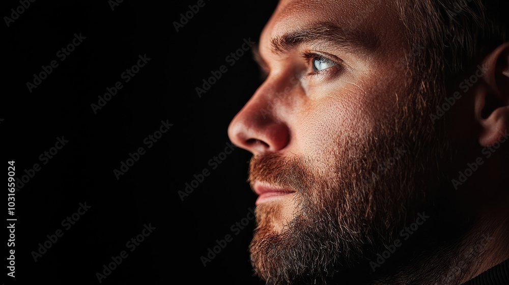 A man with a beard and blue eyes gazes into the distance against a black backdrop ..Or, for a more concise version: Man with A man with a beard and blue eyes gazes into the distance against a black backdrop ..Or, for a more concise version: Man with