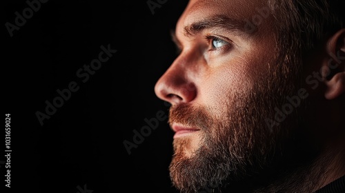  A man with a beard and blue eyes gazes into the distance against a black backdrop ..Or, for a more concise version: Man with