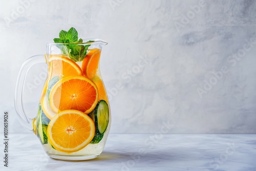 Refreshing Orange Infused Water in Glass Pitcher photo