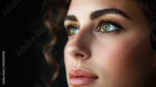 Wallpaper Mural  A woman's face, tightly framed Eyes lined with black eyeliner Ring glinting on a finger against inky black backdrop Torontodigital.ca