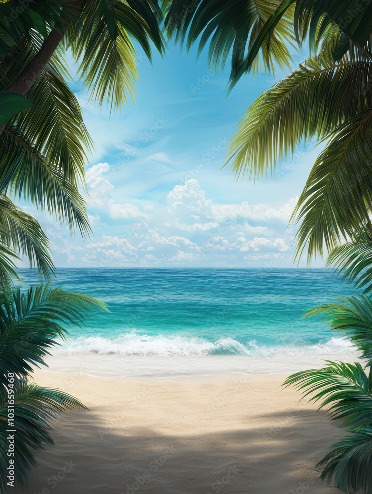 Fototapeta premium Tranquil beach scene with palm trees framing the ocean and a bright blue sky.