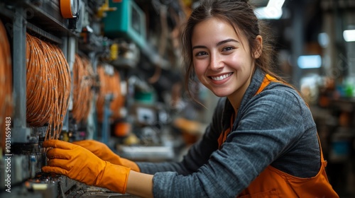  a happy woman manually working in a cable manufacturing company. She is smiling and focused as she handles cables on a workbench. She is wearing a uniform with orange accents