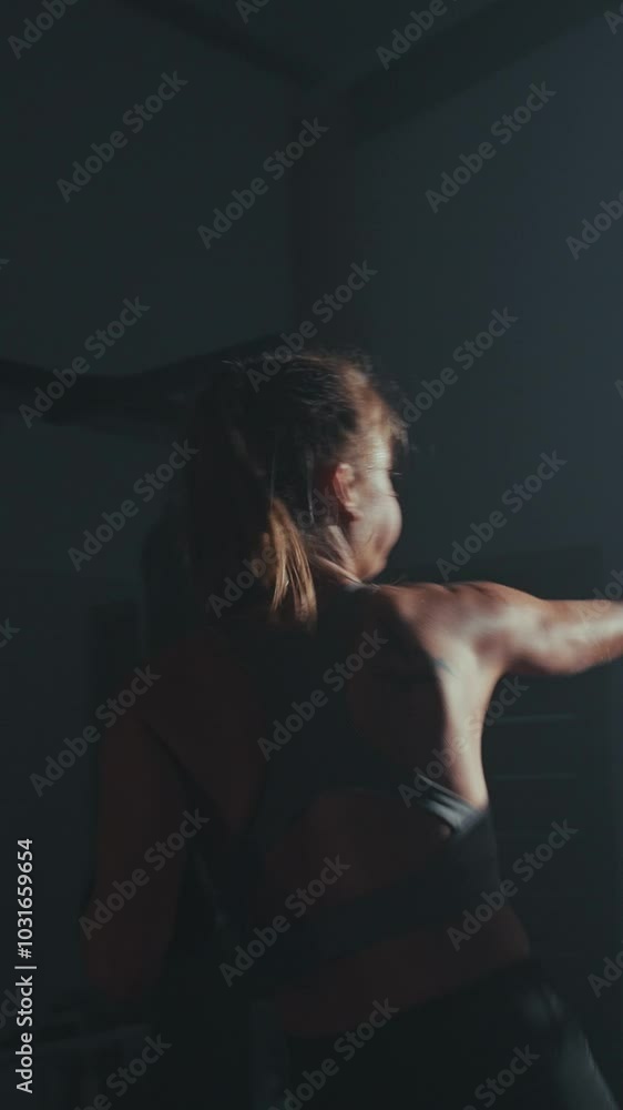 A woman trains in boxing gloves at a dimly lit gym while preparing for an intense workout session A woman trains in boxing gloves at a dimly lit gym while preparing for an intense workout session