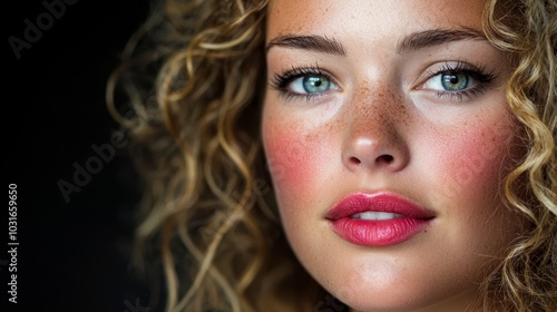 freckled hair framing it, blue eyes gazing out, and lips bearing tiny frecks