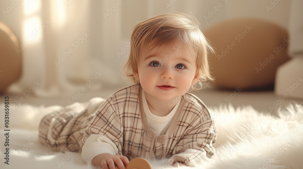 A charming toddler in a plaid outfit lies on a soft, fluffy rug in a warm, sunlit room. The soft lighting and serene setting.Children's lifestyle, winter fashion,comfort, and home décor themes. A charming toddler in a plaid outfit lies on a soft, fluffy rug in a warm, sunlit room. The soft lighting and serene setting.Children's lifestyle, winter fashion,comfort, and home décor themes.