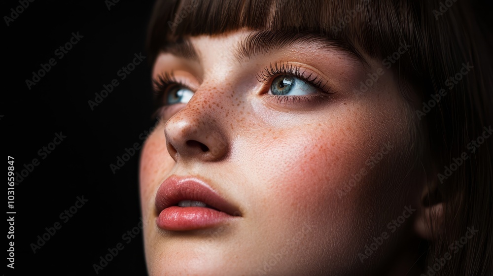 A close-up of a woman's face with freckled hair and makeup featuring freckles A close-up of a woman's face with freckled hair and makeup featuring freckles