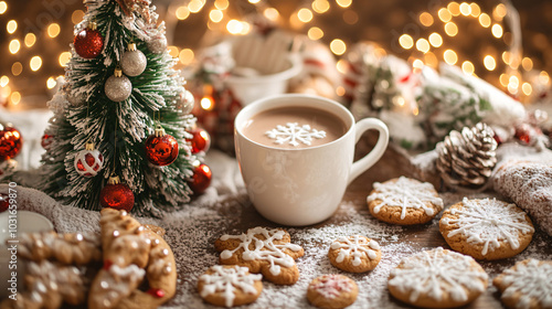 Hot winter drink in a mug: cozy home composition with homemade gingerbread cookies, candy cane, fir tree branch. Wooden background, christmas lights and candles
