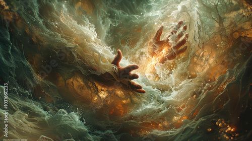 Hands reaching through swirling abstract waters
