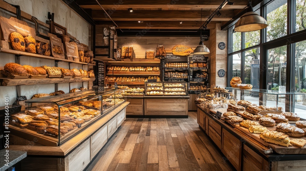 A bakery interior with wooden shelves, display cases, and a variety of breads and pastries. A bakery interior with wooden shelves, display cases, and a variety of breads and pastries.