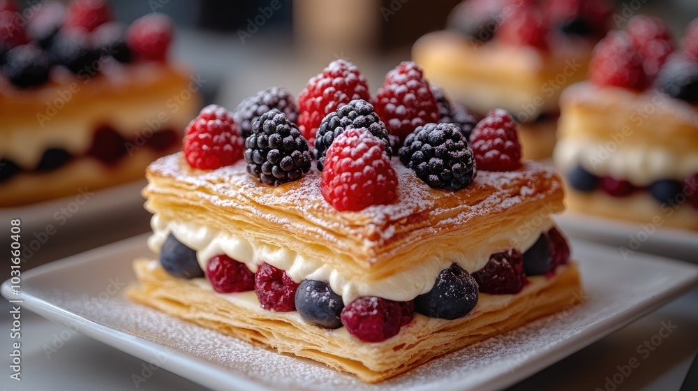Flaky puff pastry filled with sweet custard and topped with fresh berries, presented on a dessert platter Flaky puff pastry filled with sweet custard and topped with fresh berries, presented on a dessert platter