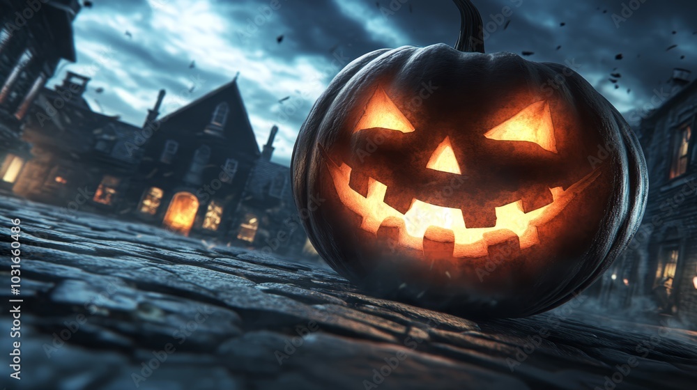 Fototapeta premium A jack-o-lantern carved and sits on a cobblestone road, before a house at night Full moon alights the sky
