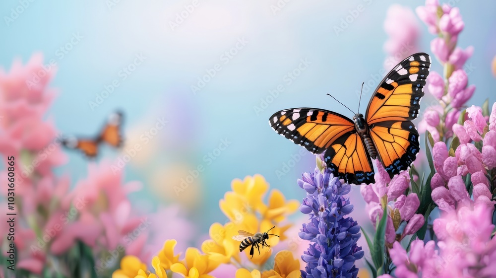 Naklejka premium Vibrant butterflies perched on colorful flowers, capturing nature's beauty in a serene landscape.
