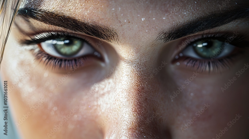 A woman's face, close-up Freckles like light dusting of snow Green eyes shining bright A woman's face, close-up Freckles like light dusting of snow Green eyes shining bright