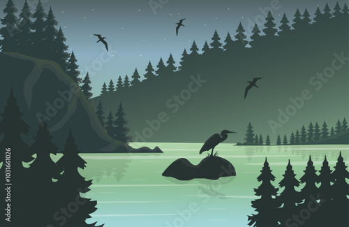 Landscape wildlife forest at night. Coniferous trees on the lake under the night sky with the stars, flying birds and pelican stand on the rocks. 