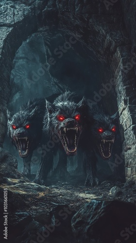 A fierce three-headed Cerberus, standing guard at the gates of the underworld photo