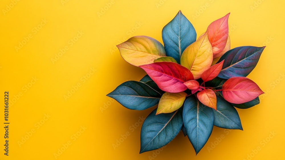 Obraz premium Vibrant overhead view of a colorful plant with dollar sign leaves, symbolizing prosperity and financial growth, placed on a soft yellow background, wealth plant, playful economy symbol