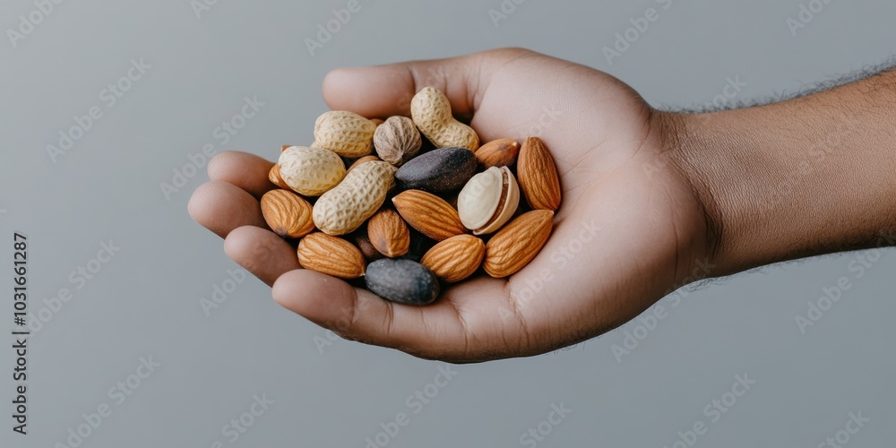 Diverse nuts in hand against gray background: healthy mix of almonds, peanuts, and seeds Diverse nuts in hand against gray background: healthy mix of almonds, peanuts, and seeds