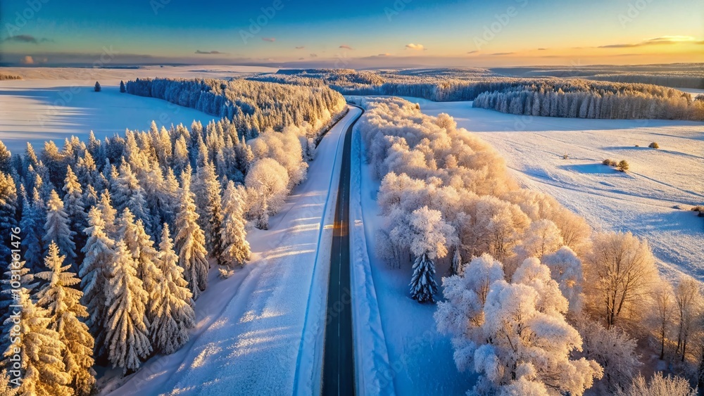 Stunning Siberian Winter Landscape: Sunlit Snowy Road at Dawn Stunning Siberian Winter Landscape: Sunlit Snowy Road at Dawn