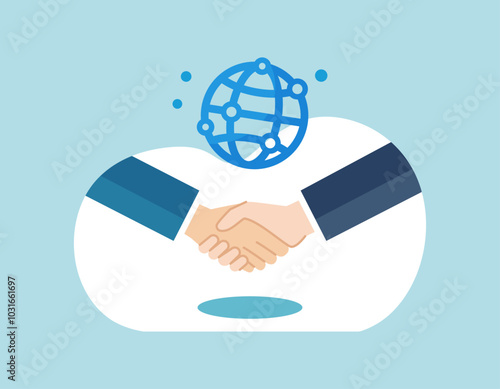 握手をするスーツの男性の手と青い地球のベクターイラスト画像