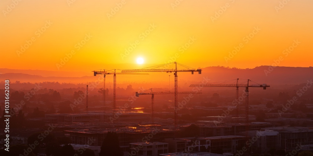 Naklejka premium A beautiful orange sunset shines over a construction site with tall cranes. There's a new building going up, maybe an office, a store, or even homes. You can see the whole area from a high viewpoint.