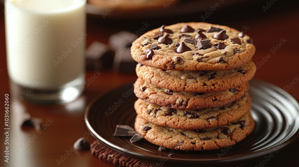 Freshly baked chocolate chip cookies stacked high, with melted chocolate chunks and a glass of milk on the side Freshly baked chocolate chip cookies stacked high, with melted chocolate chunks and a glass of milk on the side
