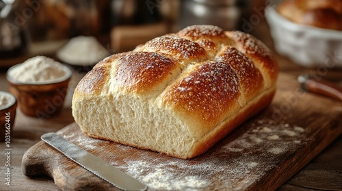 Freshly baked loaf of bread with a golden crust, placed on a wooden cutting board with a bread knife and a sprinkling of flour