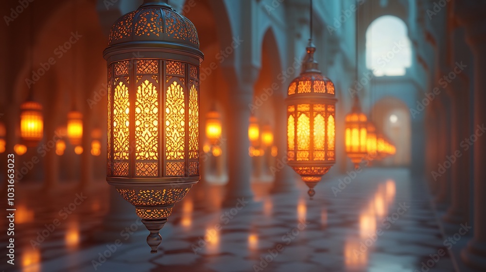 Luxurious white gold lanterns suspended from a lavish Arabian background glowing warmly The design features ample space on the right for Ramadan messages enhancing its festive charm Luxurious white gold lanterns suspended from a lavish Arabian background glowing warmly The design features ample space on the right for Ramadan messages enhancing its festive charm