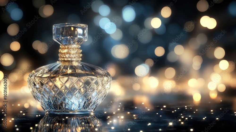 Elegant Perfume Bottle with Sparkling Bokeh Background Elegant Perfume Bottle with Sparkling Bokeh Background