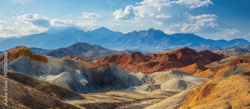 Scenic view of a vast mountain range with colorful layers of rock formations.