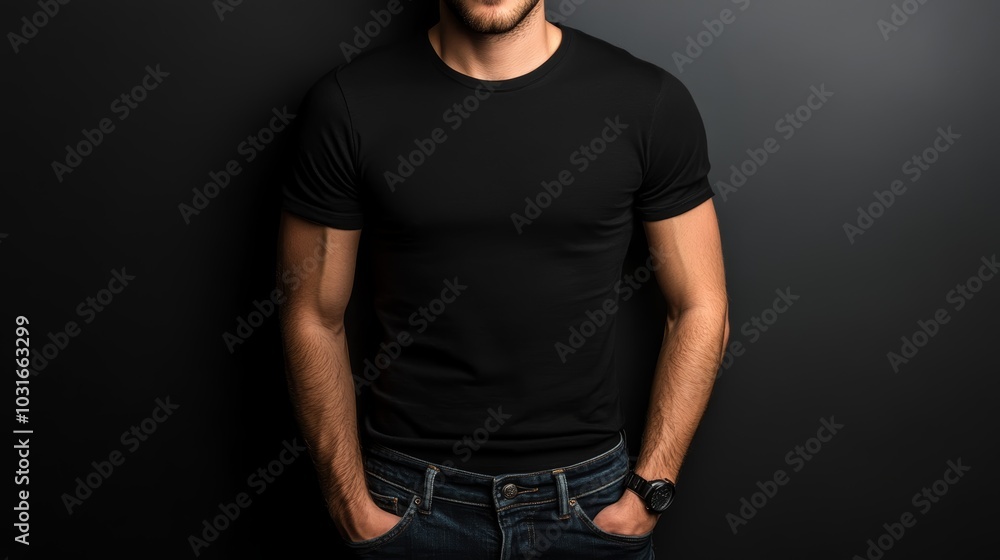 Man in black shirt and jeans, a casual style statement Man in black shirt and jeans, a casual style statement