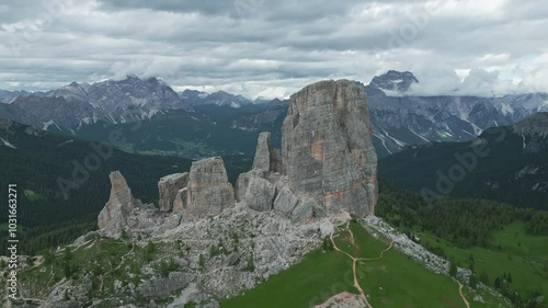 Aerial view of mountain landscape in the Dolomites, Italy on a sunny day