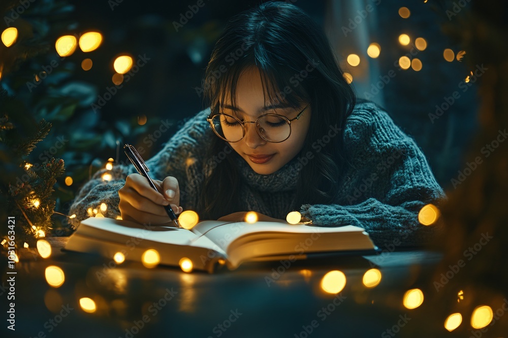 Woman Writing in Journal with Soft Lights Woman Writing in Journal with Soft Lights