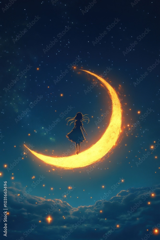 A silhouette of a girl floating on a glowing crescent moon against a starry sky. A silhouette of a girl floating on a glowing crescent moon against a starry sky.