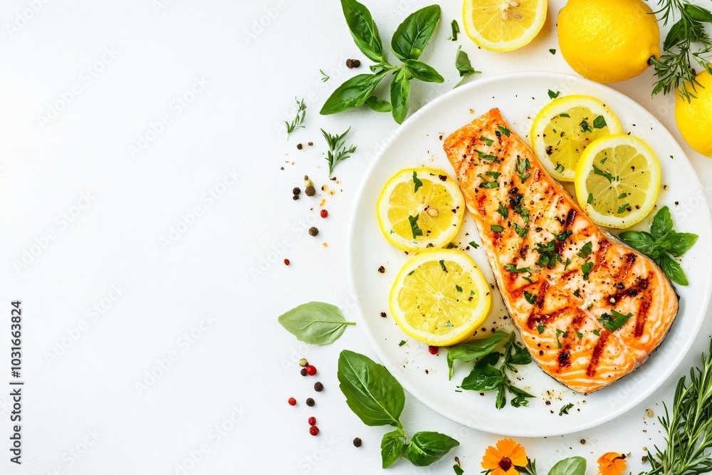 Grilled Salmon with Lemon Slices on a Plate Grilled Salmon with Lemon Slices on a Plate