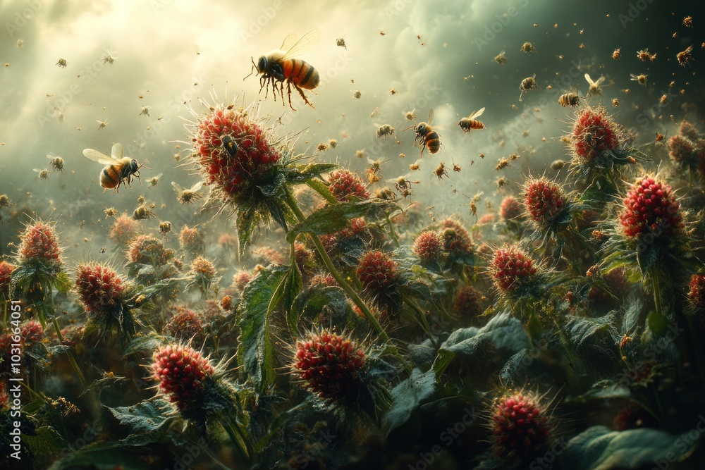 A swarm of bees gathers around a field of vibrant red flowers, creating a mesmerizing display of life and nature's beauty.