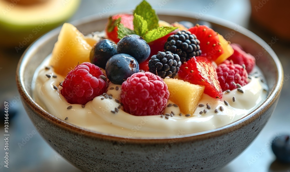Bowl of creamy yogurt topped with fresh fruits, Generative AI Bowl of creamy yogurt topped with fresh fruits, Generative AI