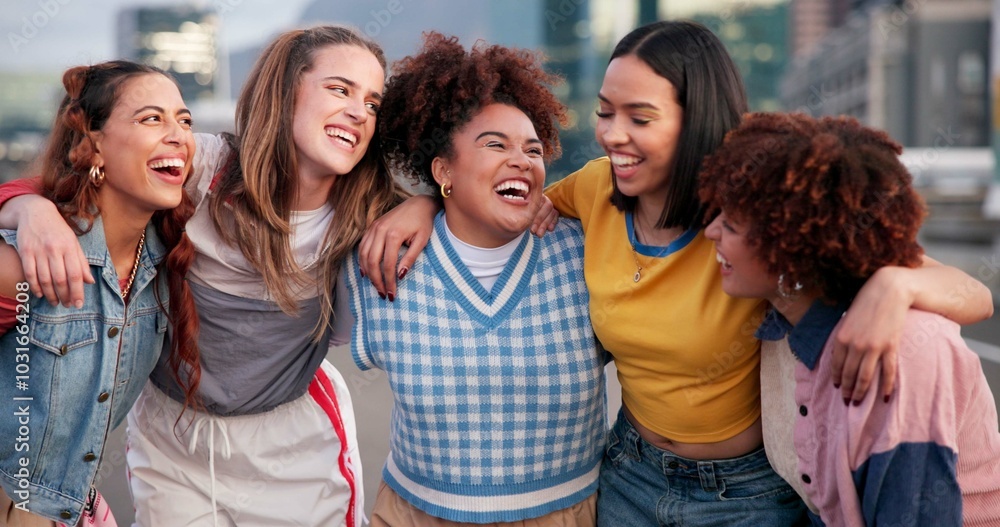 Fototapeta premium Friends, fashion and women city hug with cool style, trendy clothes and casual outfit in street. Relax, holiday and people embrace in streetwear and laughing, smile and happy on weekend in urban town