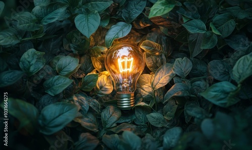 Green Innovation inspiring a lightbulb surrounded by lush greenery, symbolizing the fusion of innovation and environmental sustainability, Generative AI