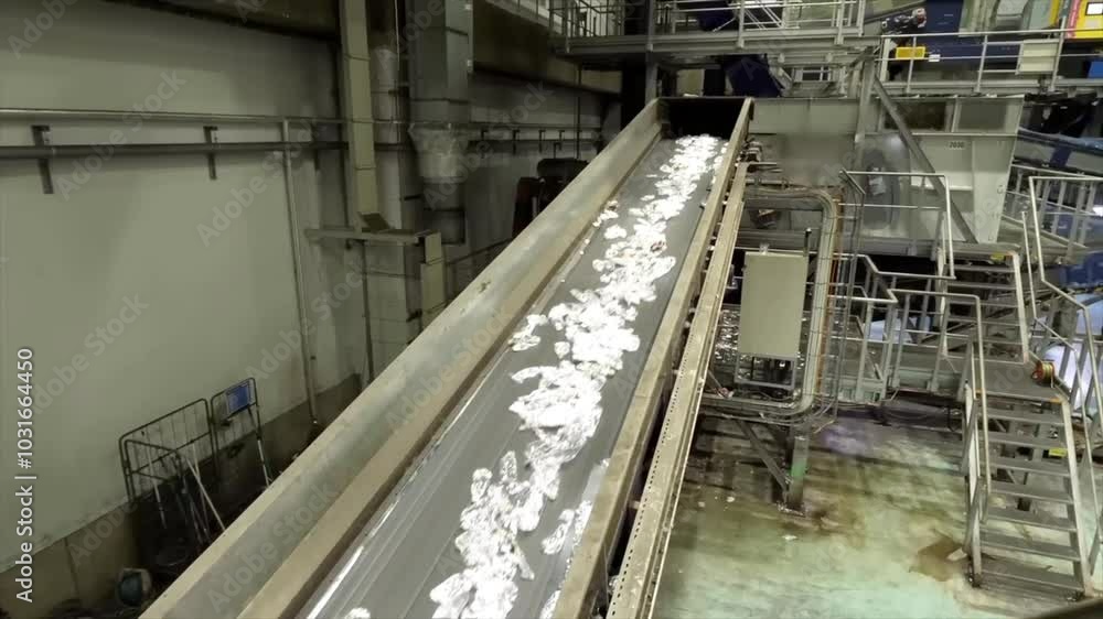 Used plastic bottles move along a conveyor belt for processing. Used plastic bottles move along a conveyor belt for processing.